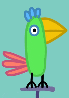 a green bird with a yellow beak and blue feathers