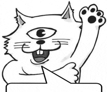 a black and white drawing of a cat with three eyes waving .