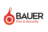 a logo for bauer fire & security with a red flame in the center