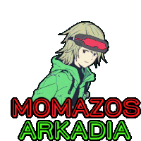 a cartoon of a boy wearing a green jacket and goggles with the words momazos arkadia above him