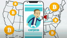 a phone with a picture of a man holding a megaphone surrounded by bitcoin coins