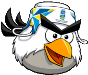 a cartoon angry bird wearing a white hat with the word rio on it