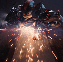 shadow the hedgehog is riding a motorcycle with sparks coming out of his legs