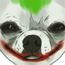 a white dog with a green mohawk and red lips is wearing a joker mask .