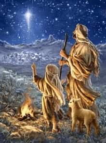 a painting of a shepherd and a child looking at a star