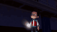 a cartoon boy is holding a flashlight in his hand in a dark room .