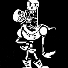 a pixel art of papyrus carrying a skeleton on his shoulders .