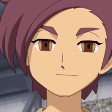 a cartoon character with purple hair and brown eyes