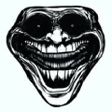 a black and white drawing of a troll face with a huge smile .