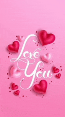 a pink background with red hearts and the words love you