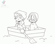 a black and white drawing of two people rowing a boat .