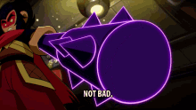 a cartoon character is holding a purple object that says not bad on it