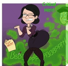 a cartoon of a woman with glasses and a big butt standing in front of a green background .