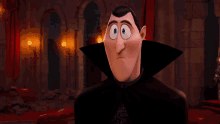 a cartoon vampire with a black cape and blue eyes