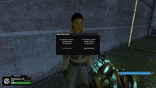 a screenshot of a video game shows a woman standing in front of a sign that says blade printer seller