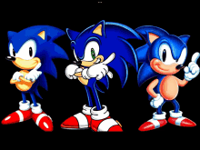 three different versions of sonic the hedgehog standing next to each other on a black background