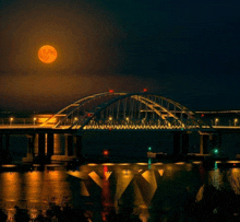 a bridge over a body of water at night with a full moon behind it