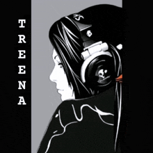 a black and white drawing of a girl wearing headphones with the word treena on the bottom right