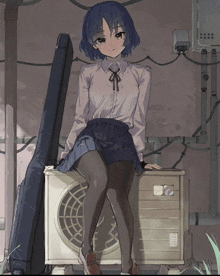 a drawing of a girl sitting on an air conditioner with a guitar case behind her