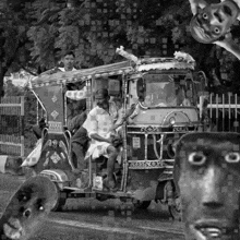 a black and white photo of a group of people riding a vehicle that says ' rickshaw ' on the side