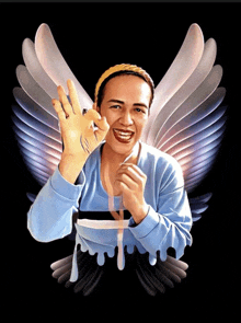 a painting of a woman with angel wings giving an ok sign