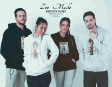 a group of people wearing hoodies with zee mode design jodi written on the bottom