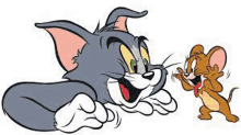 tom and jerry are two cartoon characters that are standing next to each other on a white background .