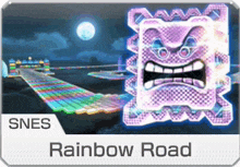 a rainbow road advertisement with a purple monster on it