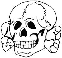 a black and white drawing of a skull with a broken head