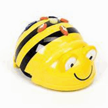 a yellow and black bee toy with a smile on its face on a white background .