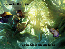 a painting of a woman sitting on a tree branch with the words we care for the glade so the glade can care for us