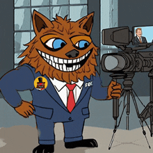 a cartoon of a werewolf in a suit and tie with a fox patch on his chest