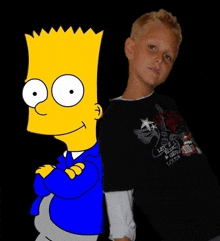 bart simpson is standing next to a boy wearing a black shirt that says let 's be loud