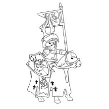 a black and white drawing of a knight on a horse holding a flag and a shield