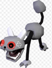 a 3d rendering of a cartoon character with red eyes and a cross on its face .