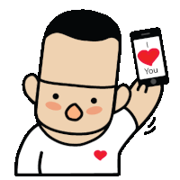 a cartoon of a man holding a cell phone that says " i love you " on it