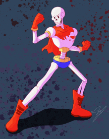 a cartoon drawing of a skeleton wearing red boots