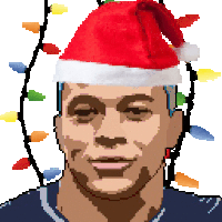 a pixel art of a man wearing a santa hat with christmas lights behind him