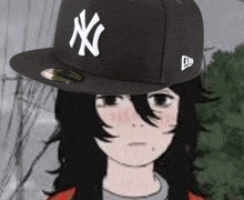 a new york yankees hat is on a girl with long black hair