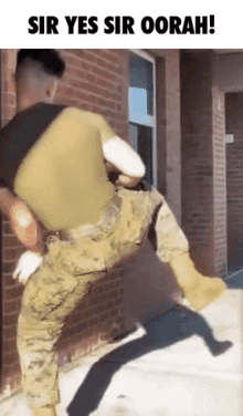 a man in a military uniform is standing in front of a brick building with the caption sir yes sir oorah