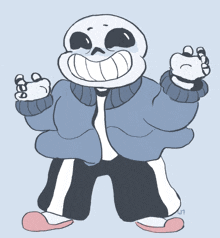 a drawing of a skeleton wearing a blue jacket and pink shoes