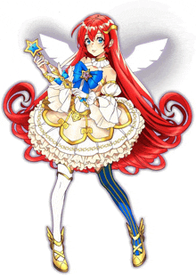 a girl with red hair and wings is holding a star wand