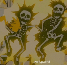 a cartoon of two skeletons dancing with the hashtag fypwxrld at the bottom