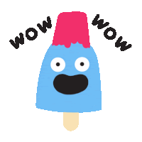 a blue popsicle with a surprised face and the words wow wow surrounding it