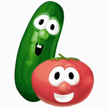 a cucumber and a tomato from the veggie tales are smiling