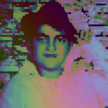 a pixelated image of a man 's face with a rainbow background