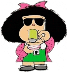 a cartoon girl wearing sunglasses is holding a cup of coffee and talking on a cell phone .