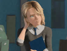 a cartoon girl with blonde hair and a tie is holding a blue folder