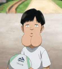 a cartoon boy with a big nose is holding a volleyball in his hand .