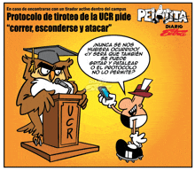 a cartoon of an owl standing at a podium with the words protocolo de tiroteo de la ucr pide